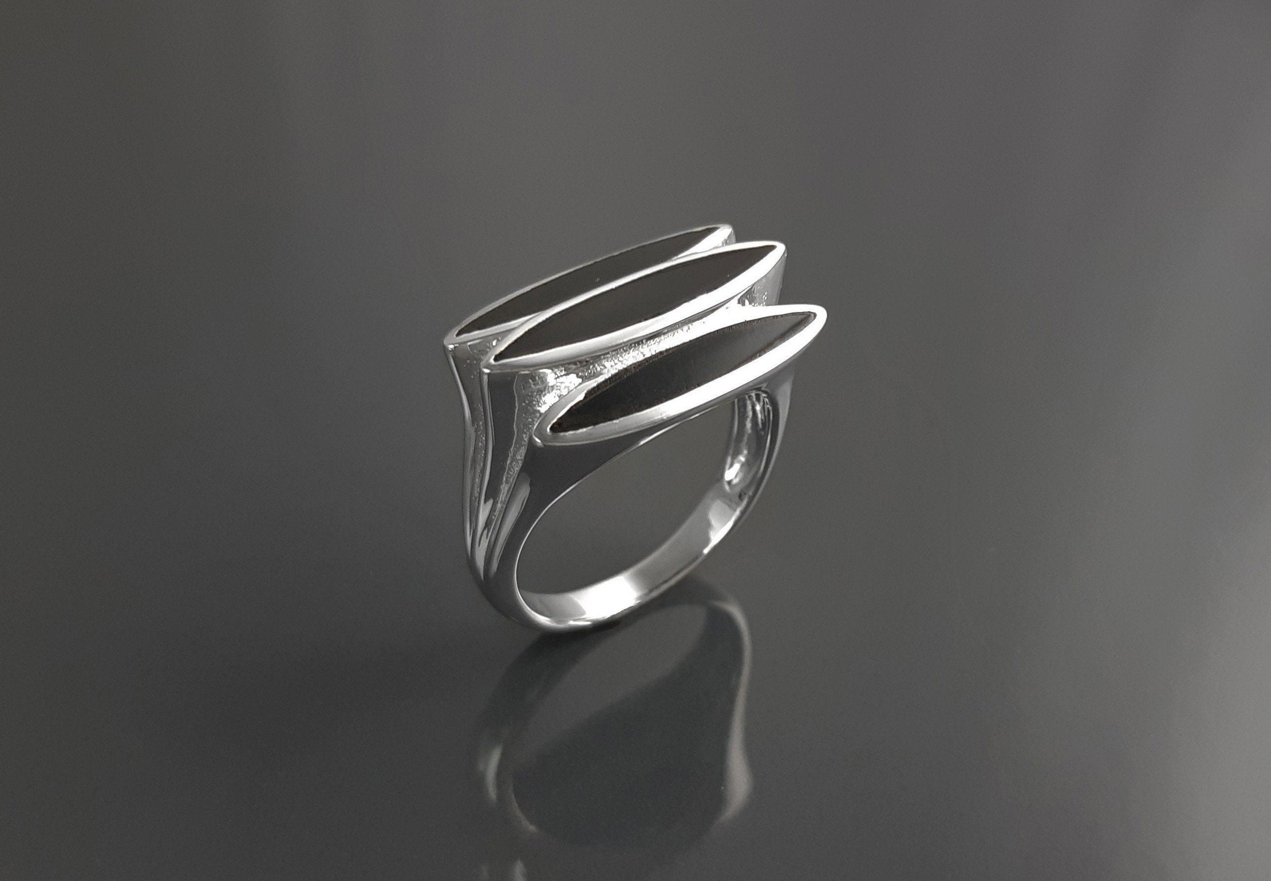 Sterling Silver Black Onyx Geometric Ring, Modern Design