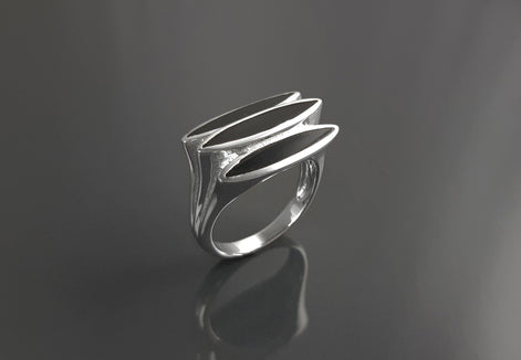 Sterling Silver Black Onyx Geometric Ring, Modern Design