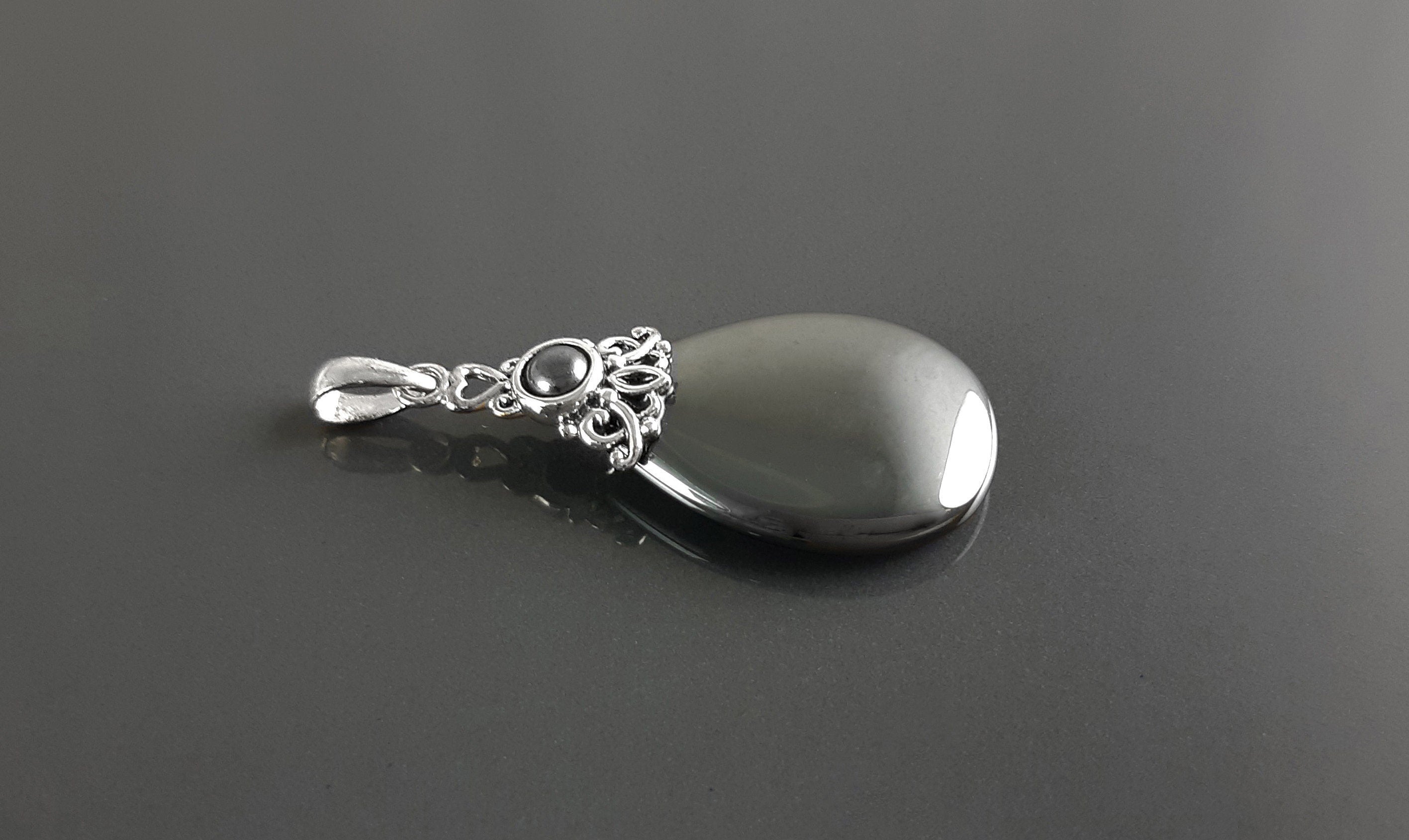 Art Deco Pendant - Sterling Silver, Filigree Pendant, Genuine Grey Hematite Stone, Vintage Style Boho Necklace, antique chic jewelry