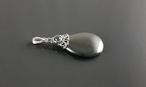 Art Deco Pendant - Sterling Silver, Filigree Pendant, Genuine Grey Hematite Stone, Vintage Style Boho Necklace, antique chic jewelry