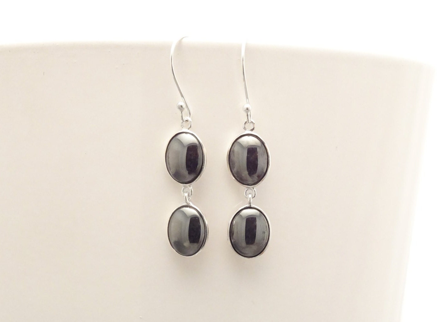 Sterling Silver Oval Hematite Pendant Necklace, Minimalist Dark Grey Double Stone Jewelry