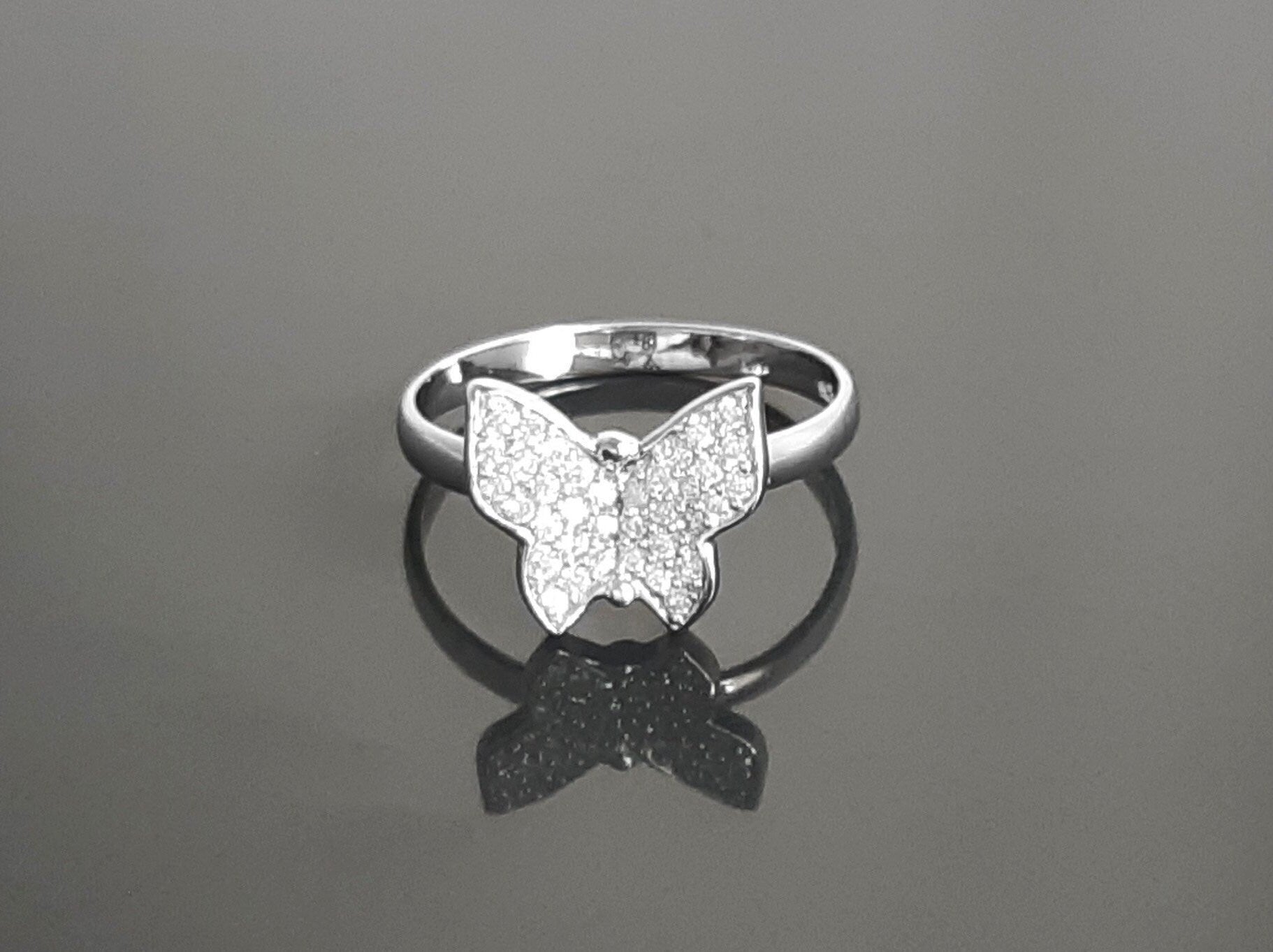 Butterfly Ring, Sterling Silver, Clear White Stones (CZ), Designer Butterflies Jewelry, Fashion Ring, Gift for Her, Bright Ring
