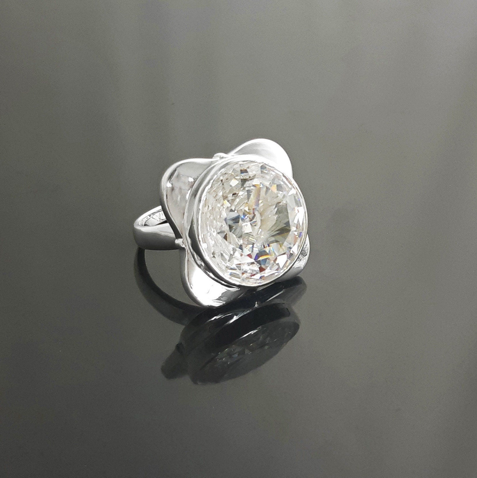 Statement Square Ring, Sterling Silver Ring, Unique Statement Silver Ring, Four-Leaf Clover Ring, set with a Majestic White, Cubic Zirconia.