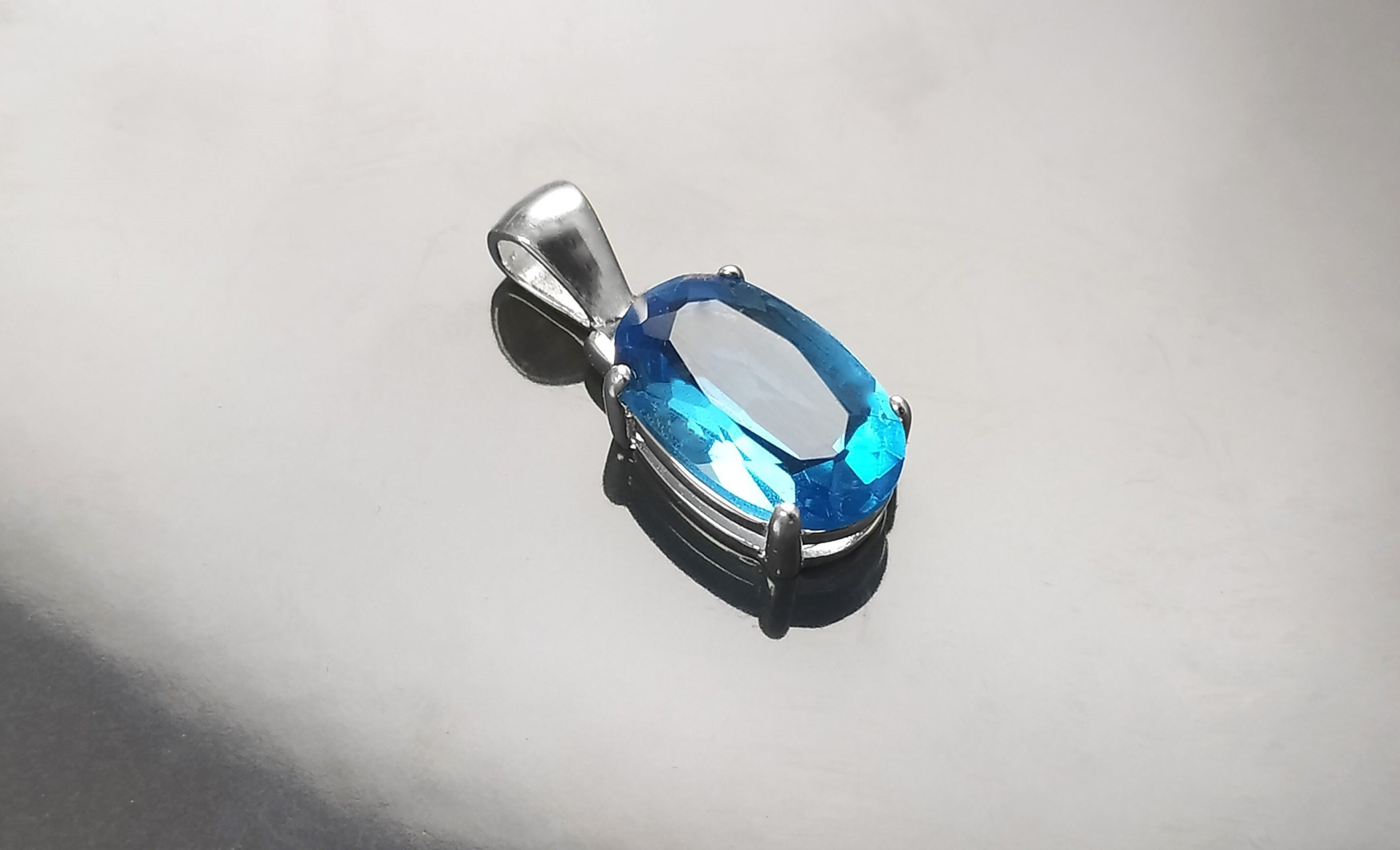 Blue Stone Necklace, sterling silver, classic oval shape topaz color Cz stone necklace, Classic Minimalist Stones jewelry, Blue Oval Pendant