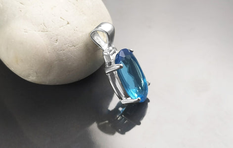 Blue Stone Necklace, sterling silver, classic oval shape topaz color Cz stone necklace, Classic Minimalist Stones jewelry, Blue Oval Pendant