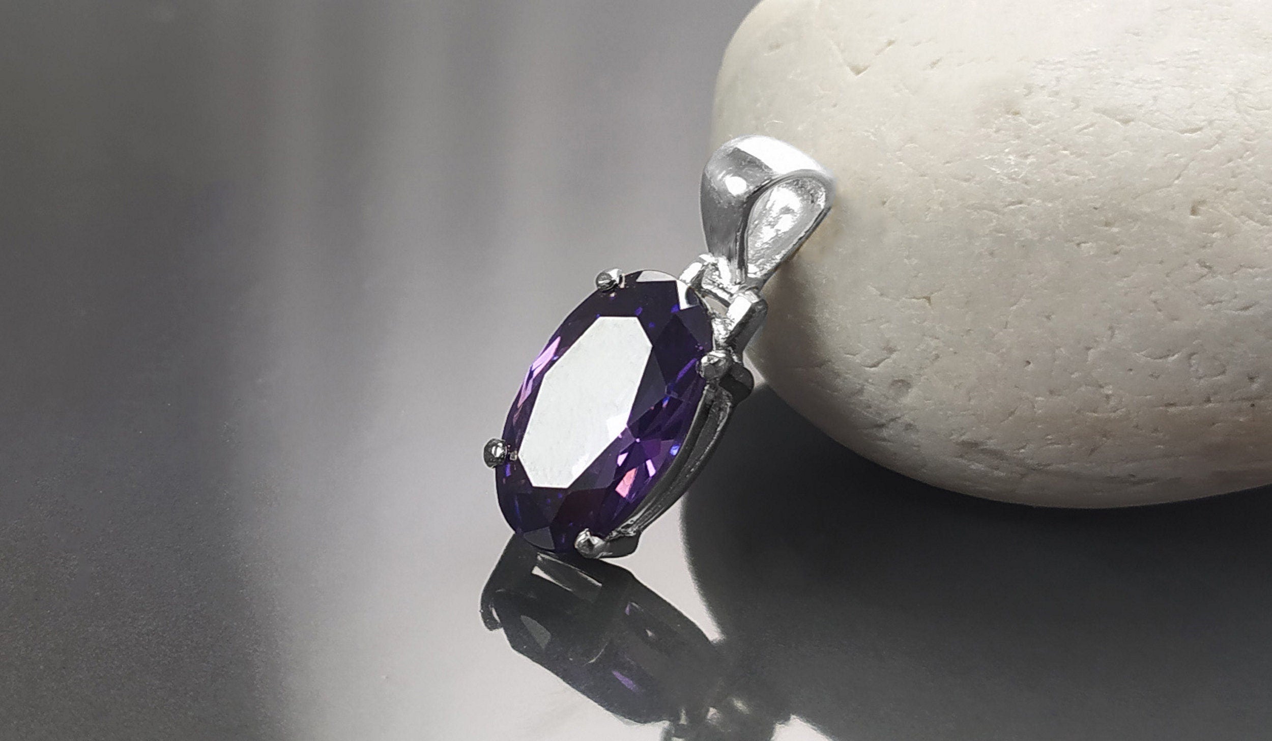 Purple stone pendant, sterling silver, classic oval amethyst violet color stone jewelry, minimalist everyday necklace, gift for her