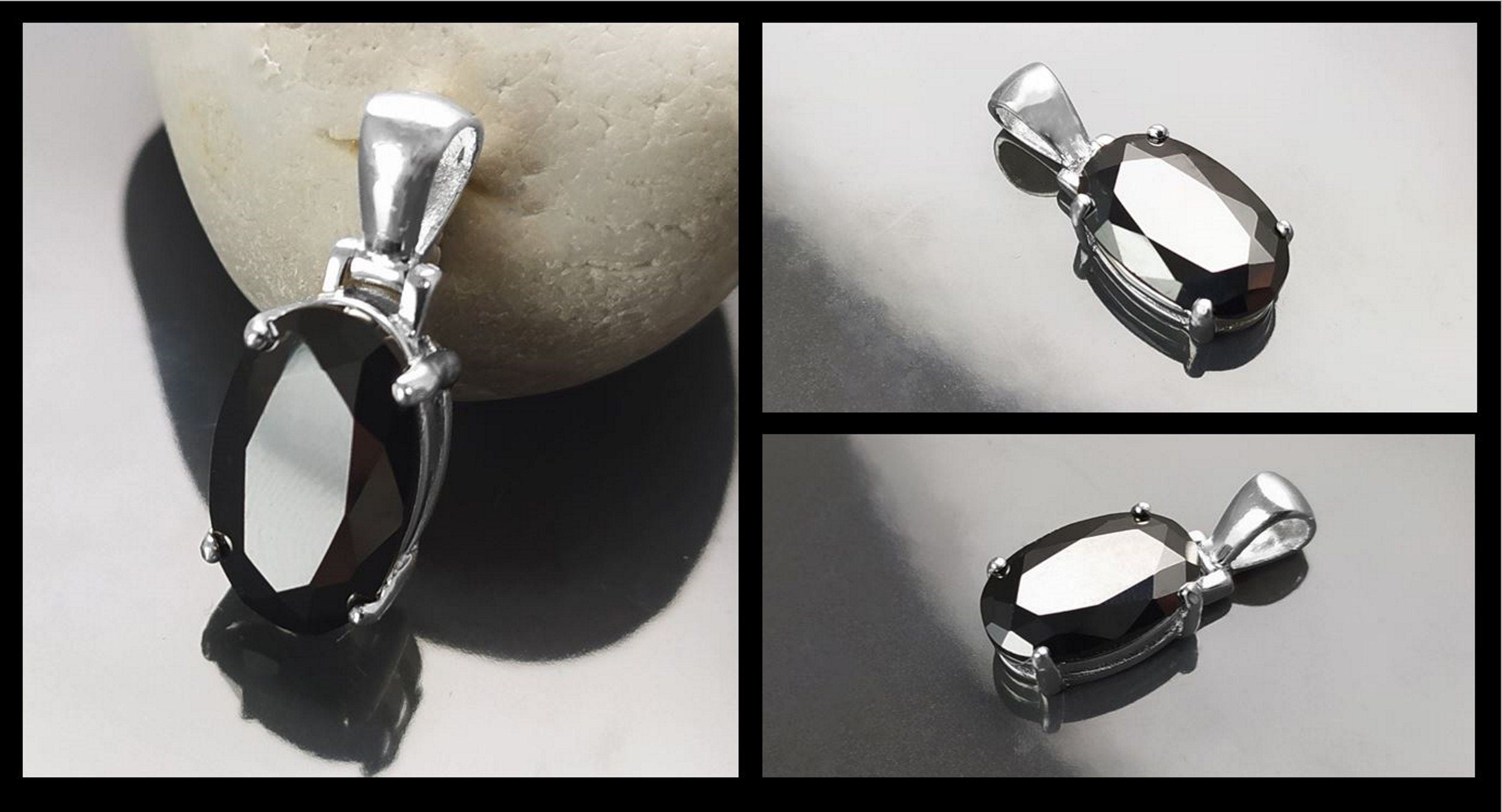 Black Oval Pendant, Sterling Silver, Classic Faceted Cz Stone Jewelry, Minimalist Everyday Necklace