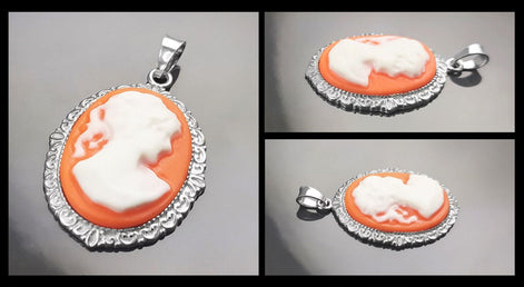 Cameo Pendant - Sterling Silver Red and white Resin Oval stone - woman face portrait cameo - Vintage necklace charm - Victorian Jewelry gift