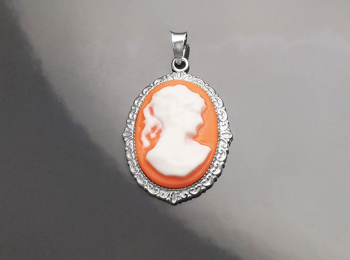 Cameo Pendant - Sterling Silver Red and white Resin Oval stone - woman face portrait cameo - Vintage necklace charm - Victorian Jewelry gift