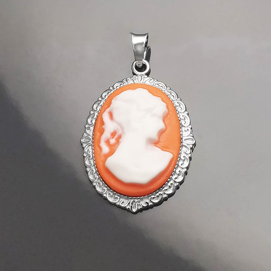 Cameo Pendant - Sterling Silver Red and white Resin Oval stone - woman face portrait cameo - Vintage necklace charm - Victorian Jewelry gift