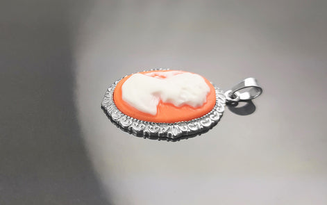 Cameo Pendant - Sterling Silver Red and white Resin Oval stone - woman face portrait cameo - Vintage necklace charm - Victorian Jewelry gift