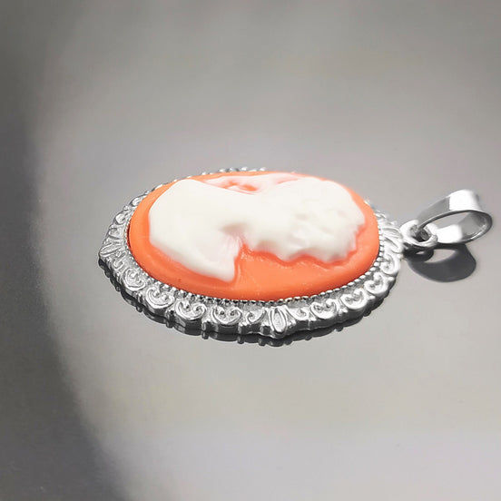 Cameo Pendant - Sterling Silver Red and white Resin Oval stone - woman face portrait cameo - Vintage necklace charm - Victorian Jewelry gift