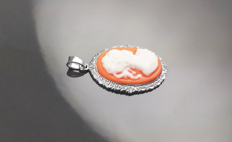 Cameo Pendant - Sterling Silver Red and white Resin Oval stone - woman face portrait cameo - Vintage necklace charm - Victorian Jewelry gift