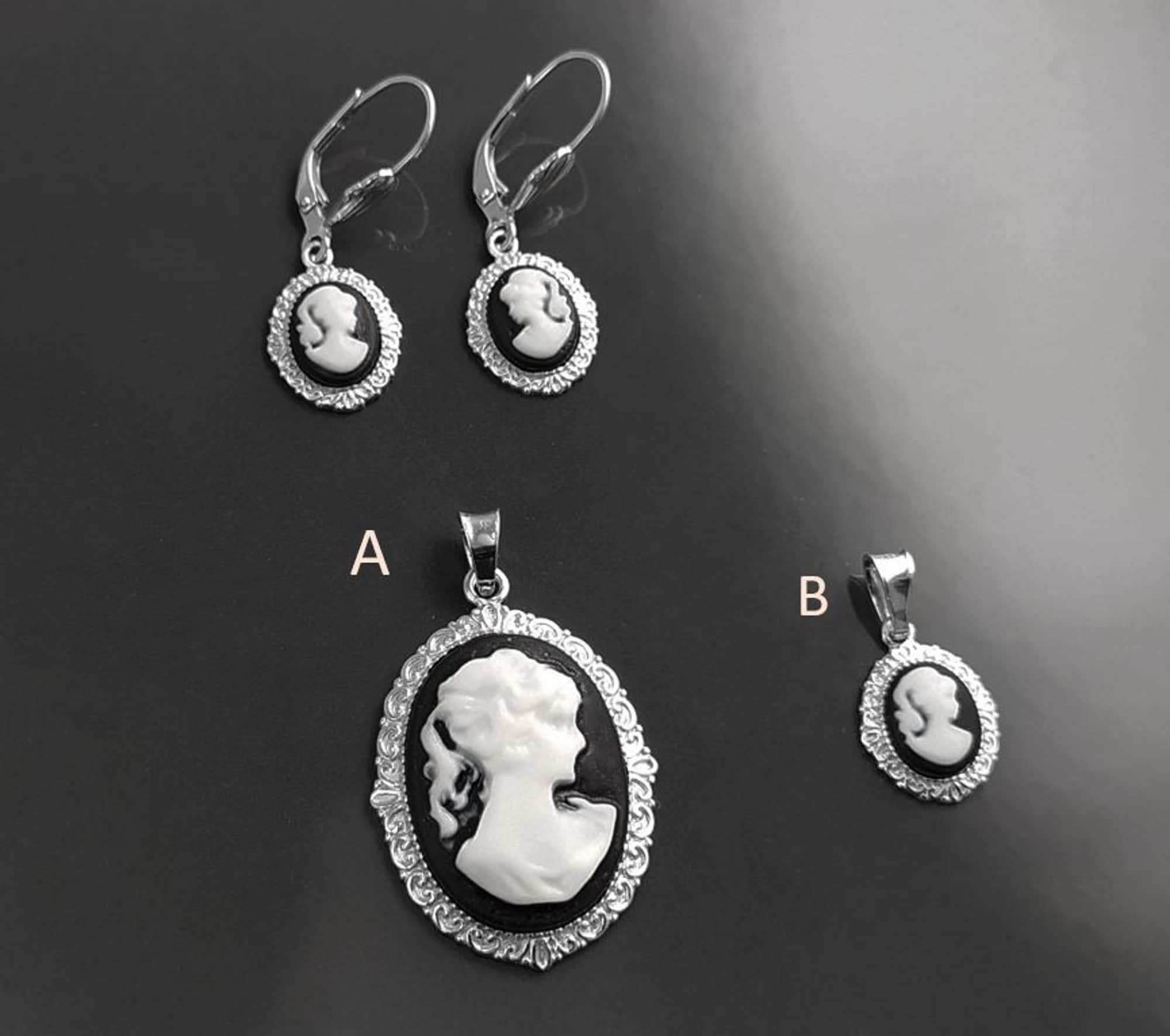 Sterling Silver Cameo Earrings, Black and White Resin, Victorian Style