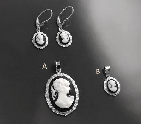 Sterling Silver Cameo Earrings, Black and White Resin, Victorian Style