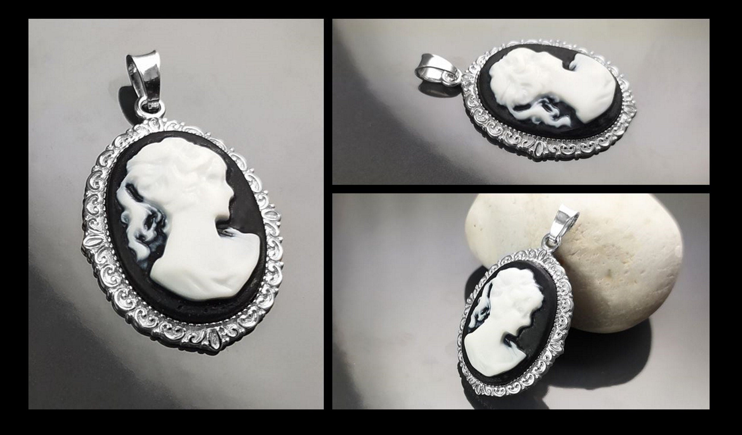 Sterling Silver Cameo Pendant: Black & White Resin, Vintage Style