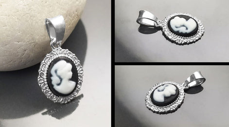 Cameo Pendant, Sterling Silver Black and white Resin stone Cameo, Vintage Victorian Jewelry, Small Cameo Charm, Small Antique Style Jewel