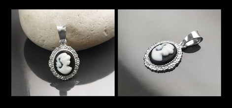Cameo Pendant, Sterling Silver Black and white Resin stone Cameo, Vintage Victorian Jewelry, Small Cameo Charm, Small Antique Style Jewel