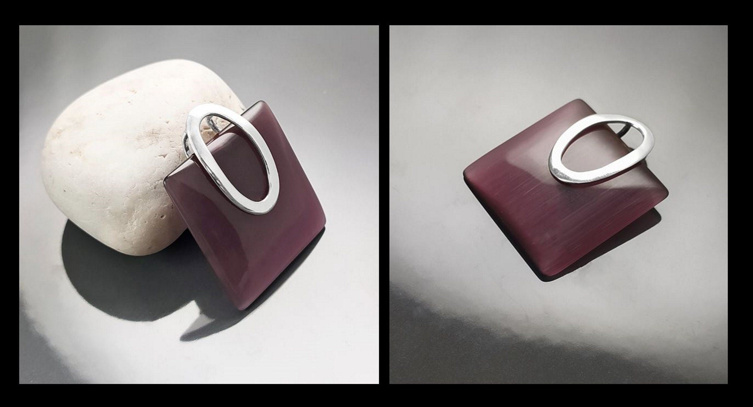 Purple Amethyst Cat's Eye Pendant, Sterling Silver 925 Geometric Necklace