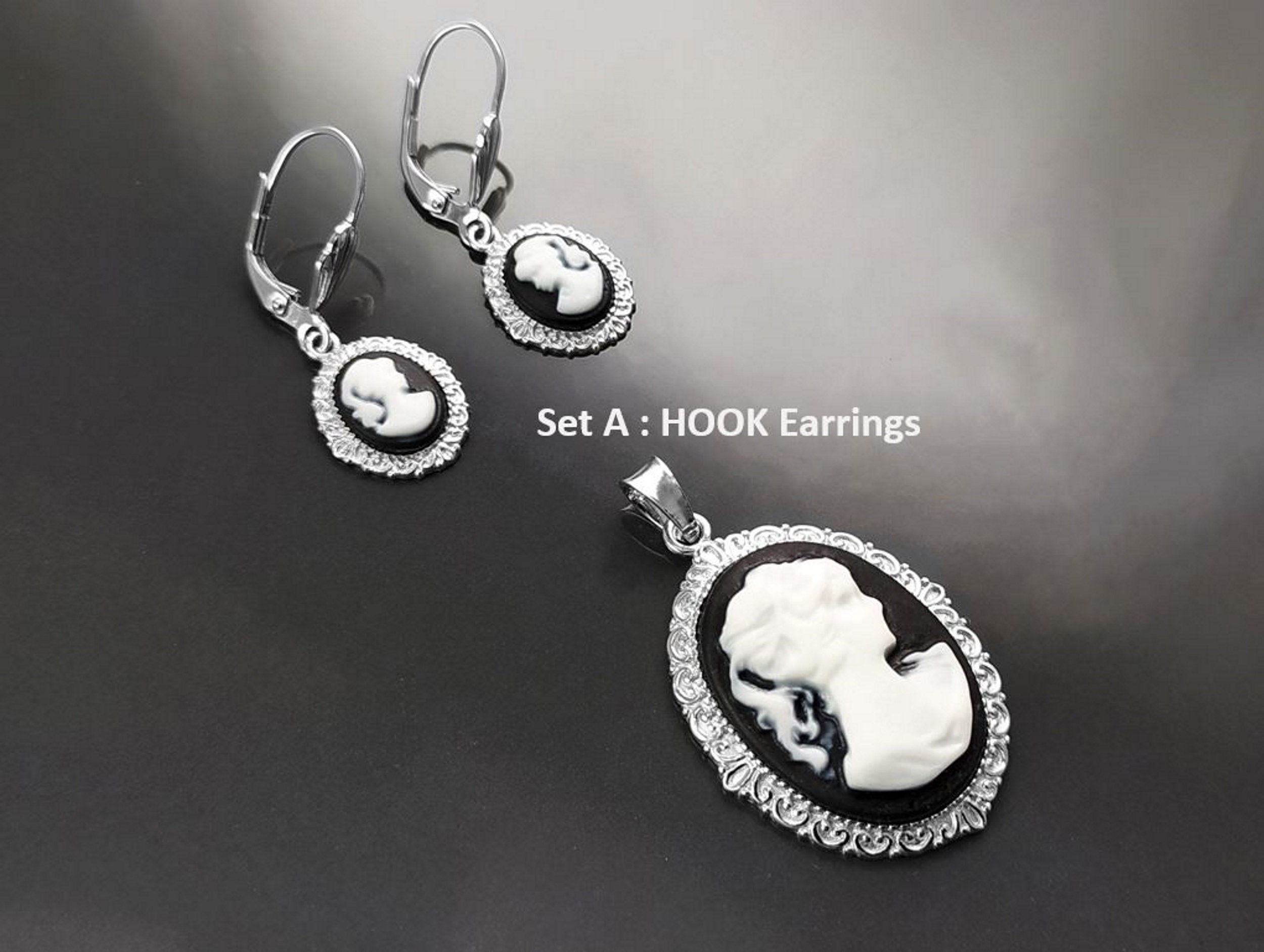 Sterling Silver Cameo Pendant: Black & White Resin, Vintage Style