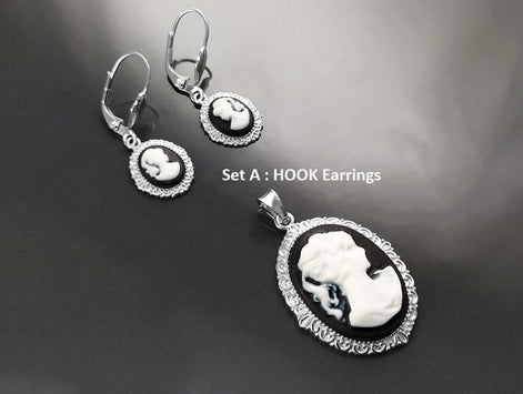 Sterling Silver Cameo Pendant: Black & White Resin, Vintage Style