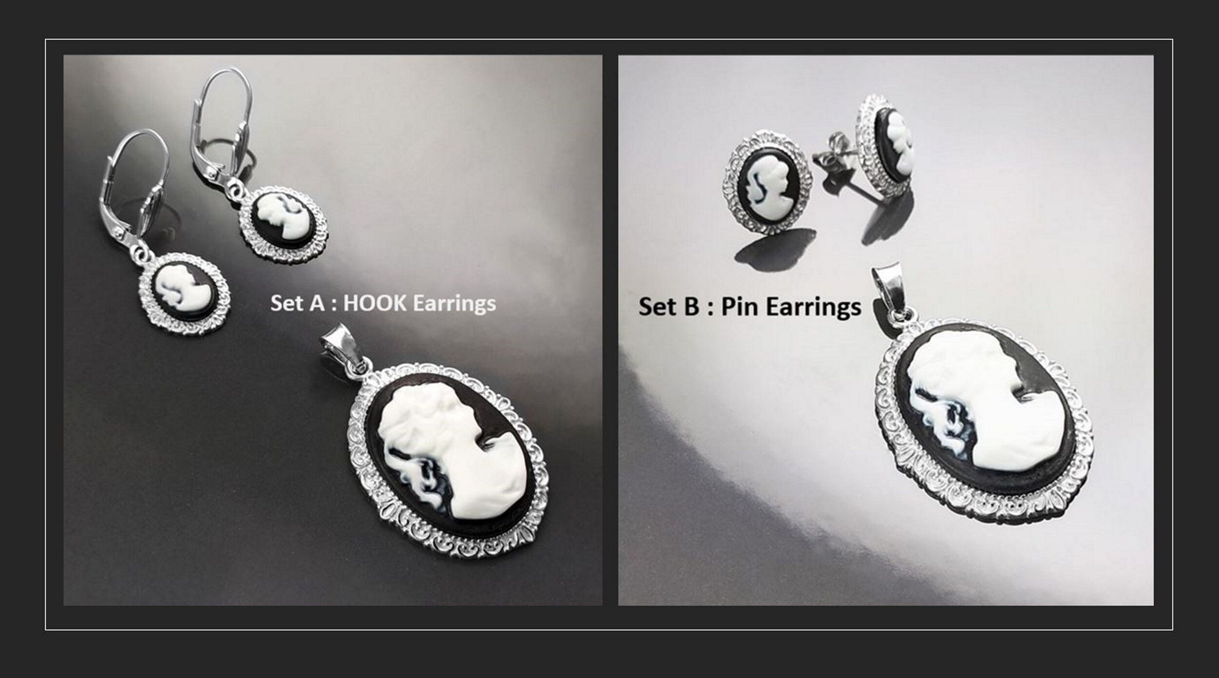 Sterling Silver Cameo Pendant: Black & White Resin, Vintage Style