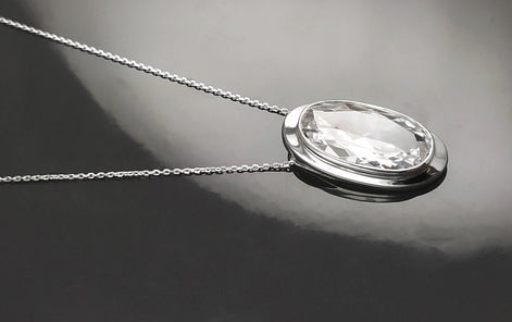 Sterling Silver Pendant 925, Bezel Set Cubic Zirconia Necklace, Shining Oval Stone, Earrings and Pendant Diamond Color Stone, Modern Jewelry