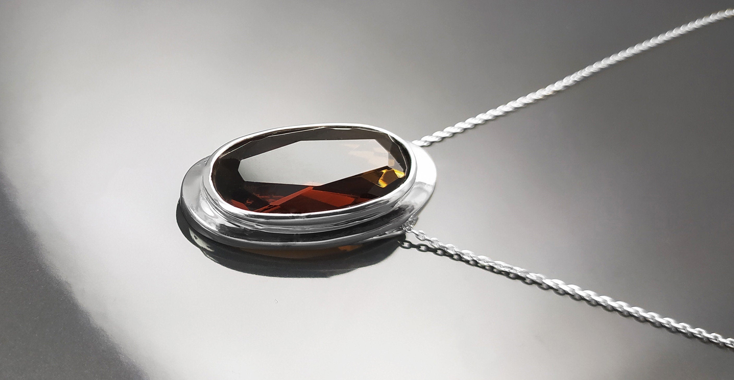 Necklace Large Oval Pendant in Chocolate Brown Sterling Silver 925 Diamond-Simulated Zirconia Gift for Women
