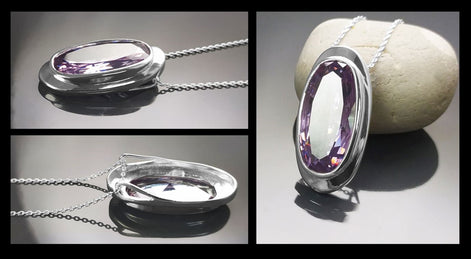 925 Oval cz Amethyst Sterling Silver Pendant, Bezel Set CZ Statement Necklace, Big cz Stone, light violet amethyst color Jewelry