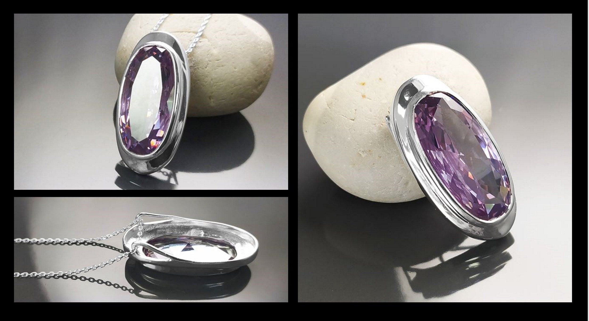 925 Oval cz Amethyst Sterling Silver Pendant, Bezel Set CZ Statement Necklace, Big cz Stone, light violet amethyst color Jewelry