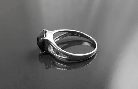Square Stone Ring, Sterling Silver, Black Color (CZ) Ring, Modern Ring, Engagement Jewelry, Prongs setting, Solitaire Black 925 Ring.