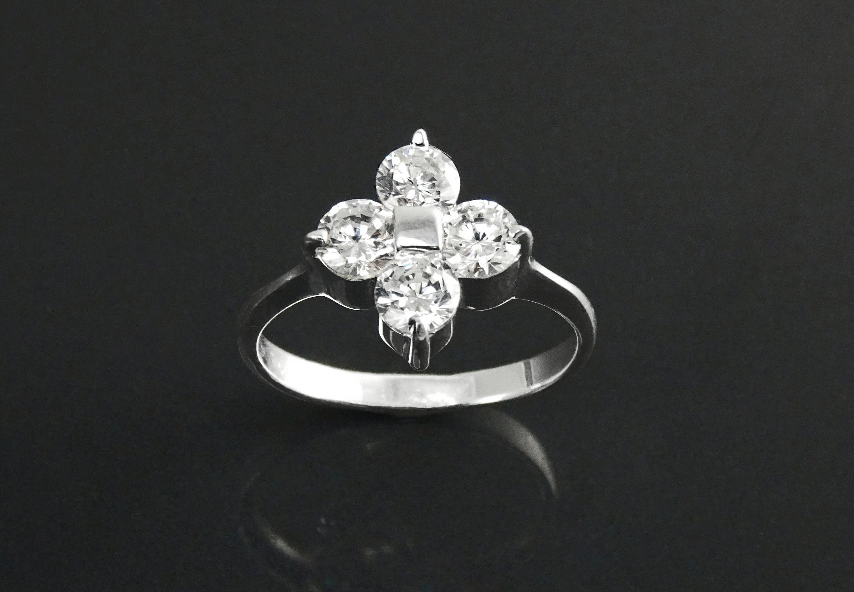 Sterling Silver Quatrefoil Flower Ring, Diamond CZ Gemstone