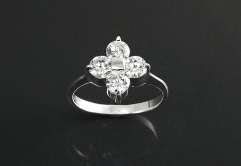 Sterling Silver Quatrefoil Flower Ring, Diamond CZ Gemstone