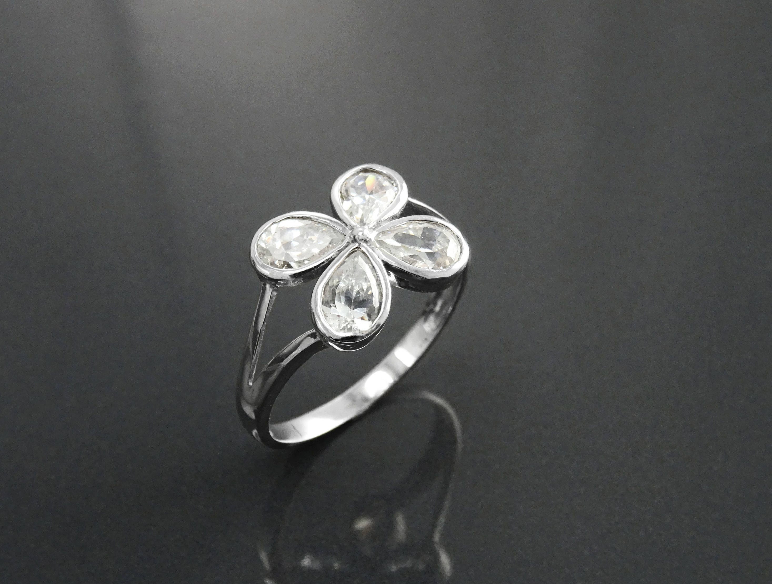 Sterling Silver Four-Leaf Clover Ring • Oval Sones CZ • Modern Jewelry
