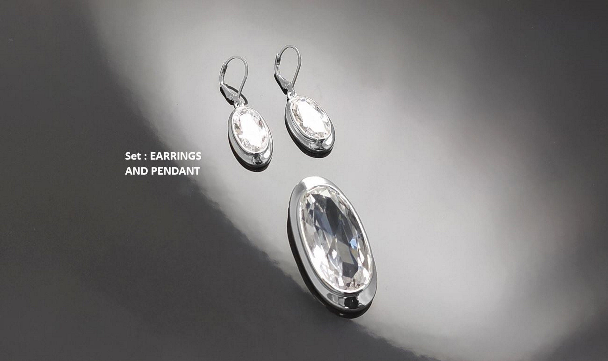 Sterling Silver Pendant 925, Bezel Set Cubic Zirconia Necklace, Shining Oval Stone, Earrings and Pendant Diamond Color Stone, Modern Jewelry