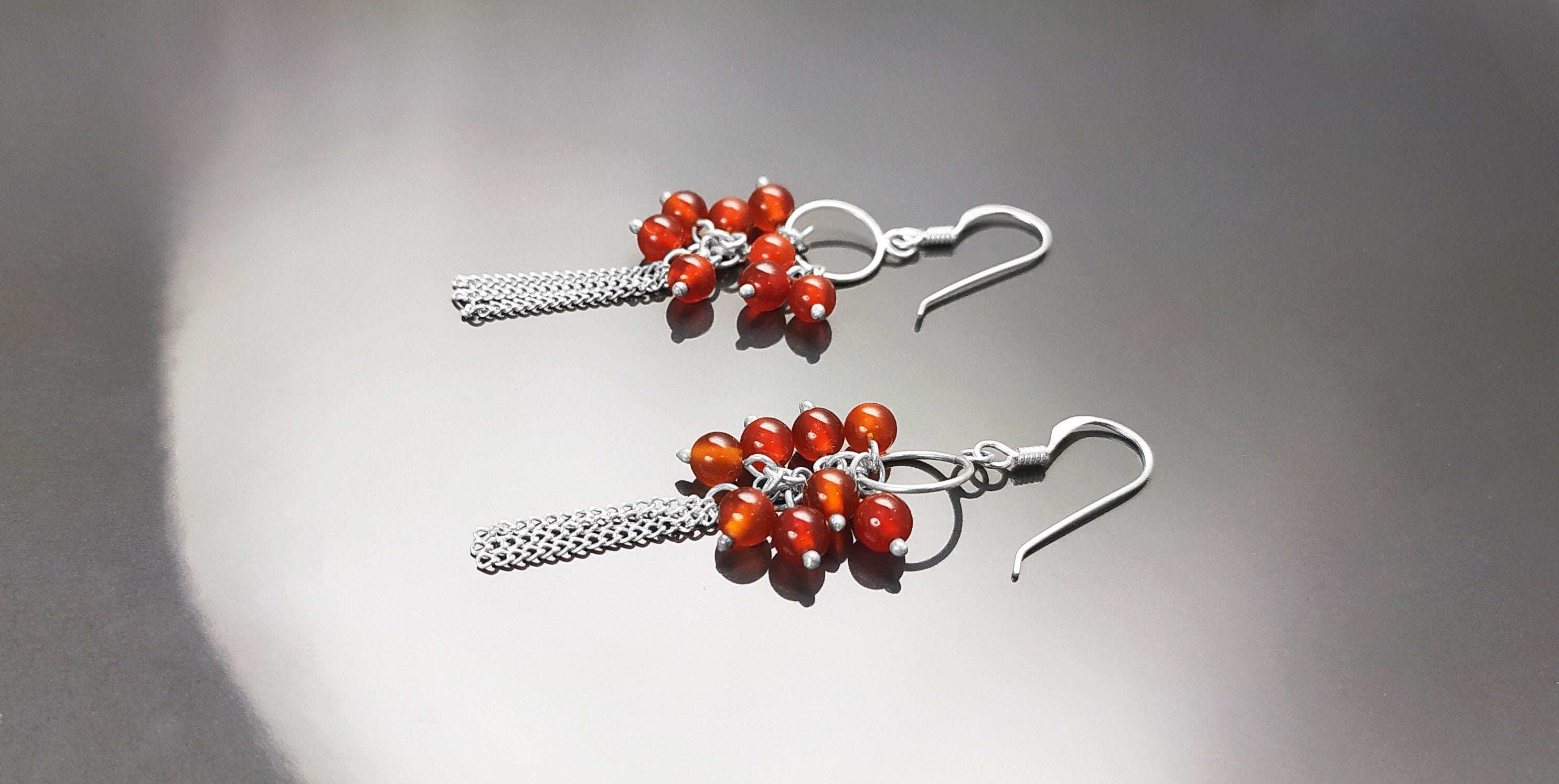 Red Stone Earrings, Sterling Silver, Dangle Pending Balls Earrings, Carnelian Gemstone, Modern Drop Hooks Chains Earrings, Woman Jewelry