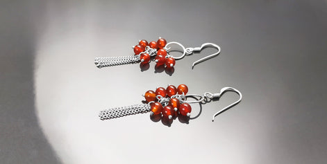 Red Stone Earrings, Sterling Silver, Dangle Pending Balls Earrings, Carnelian Gemstone, Modern Drop Hooks Chains Earrings, Woman Jewelry