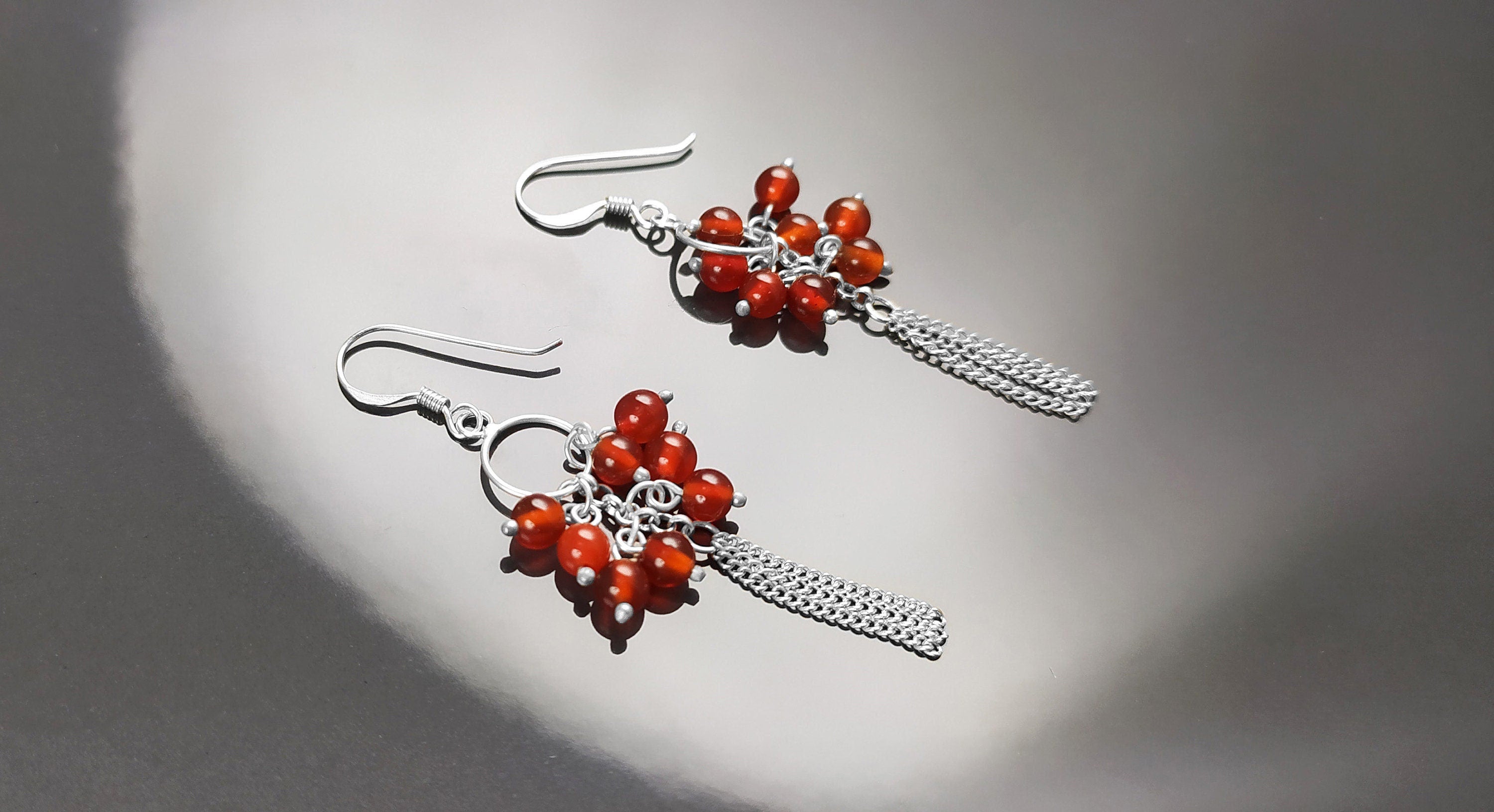 Red Stone Earrings, Sterling Silver, Dangle Pending Balls Earrings, Carnelian Gemstone, Modern Drop Hooks Chains Earrings, Woman Jewelry