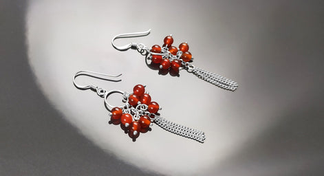 Red Stone Earrings, Sterling Silver, Dangle Pending Balls Earrings, Carnelian Gemstone, Modern Drop Hooks Chains Earrings, Woman Jewelry