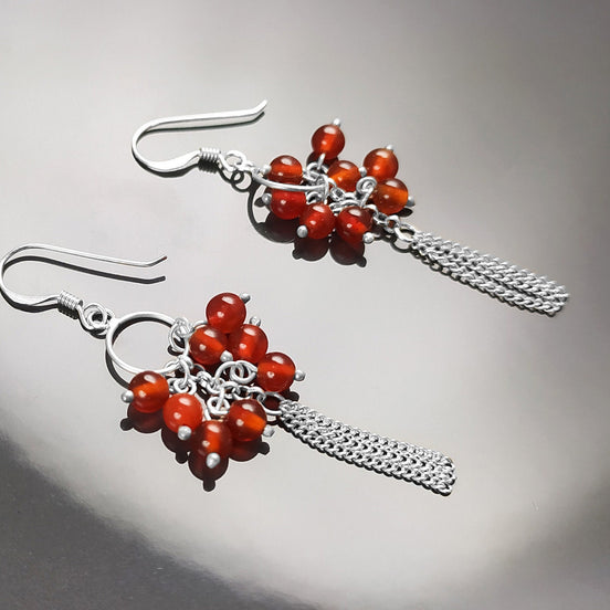 Red Stone Earrings, Sterling Silver, Dangle Pending Balls Earrings, Carnelian Gemstone, Modern Drop Hooks Chains Earrings, Woman Jewelry