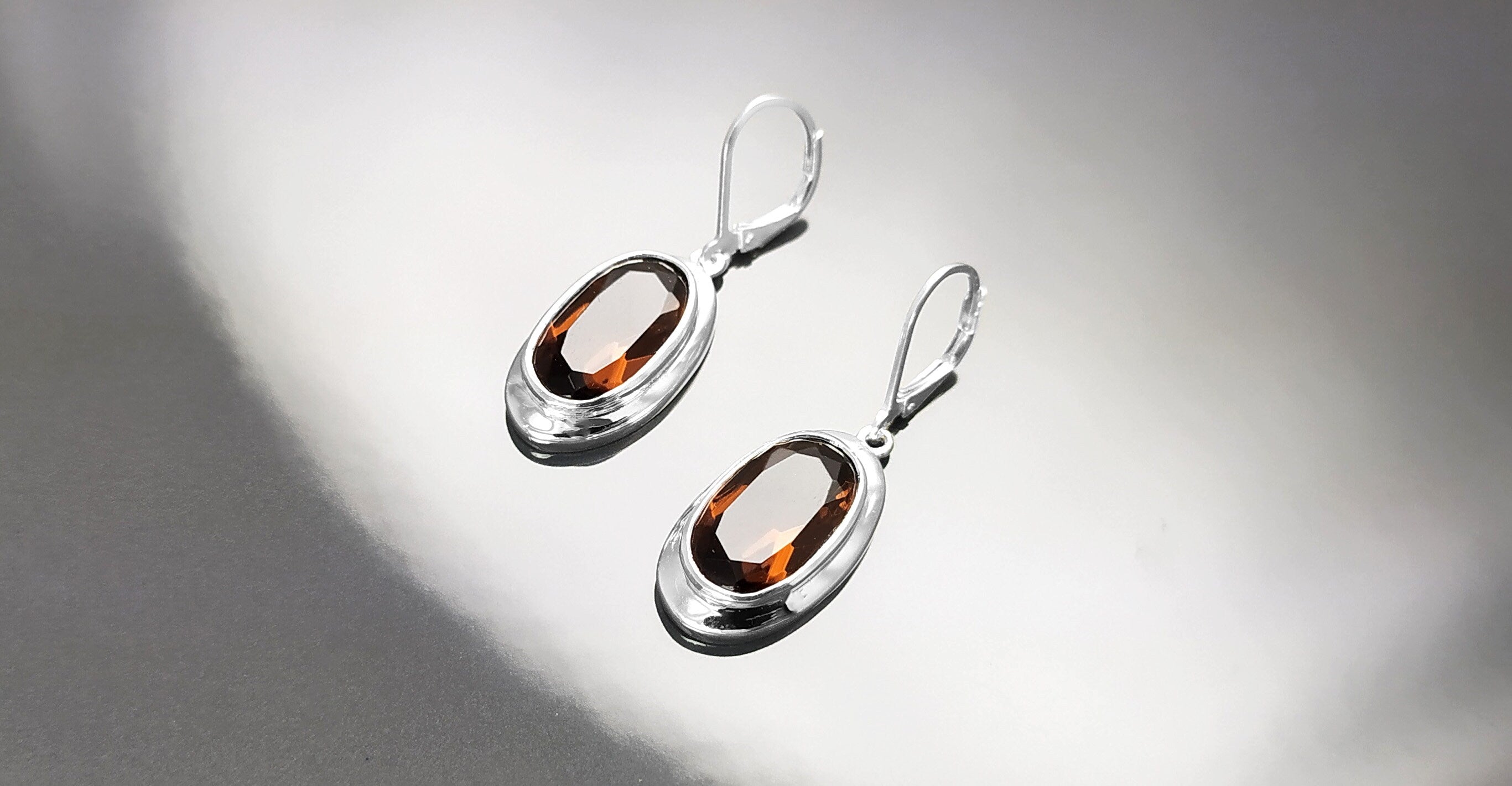 Oval Coffee Brown Earrings, sterling silver jewelry, Big Oval cz stone, Brown color, Statement Dangle leverback hooks earrings, women gift