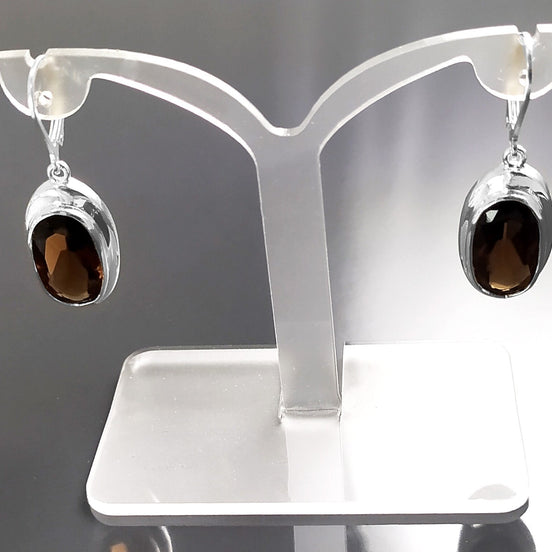 Oval Coffee Brown Earrings, sterling silver jewelry, Big Oval cz stone, Brown color, Statement Dangle leverback hooks earrings, women gift