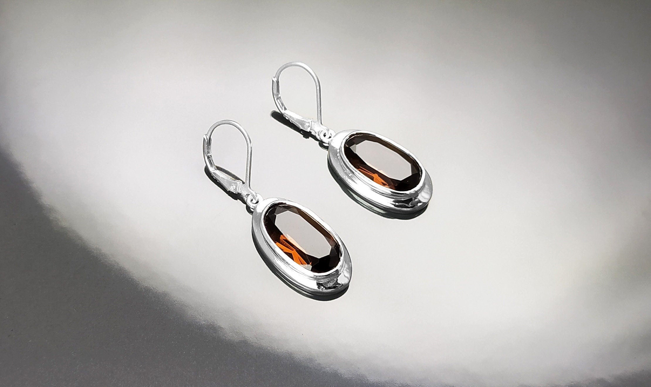 Oval Coffee Brown Earrings, sterling silver jewelry, Big Oval cz stone, Brown color, Statement Dangle leverback hooks earrings, women gift