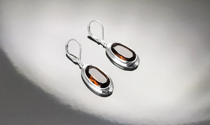 Oval Coffee Brown Earrings, sterling silver jewelry, Big Oval cz stone, Brown color, Statement Dangle leverback hooks earrings, women gift