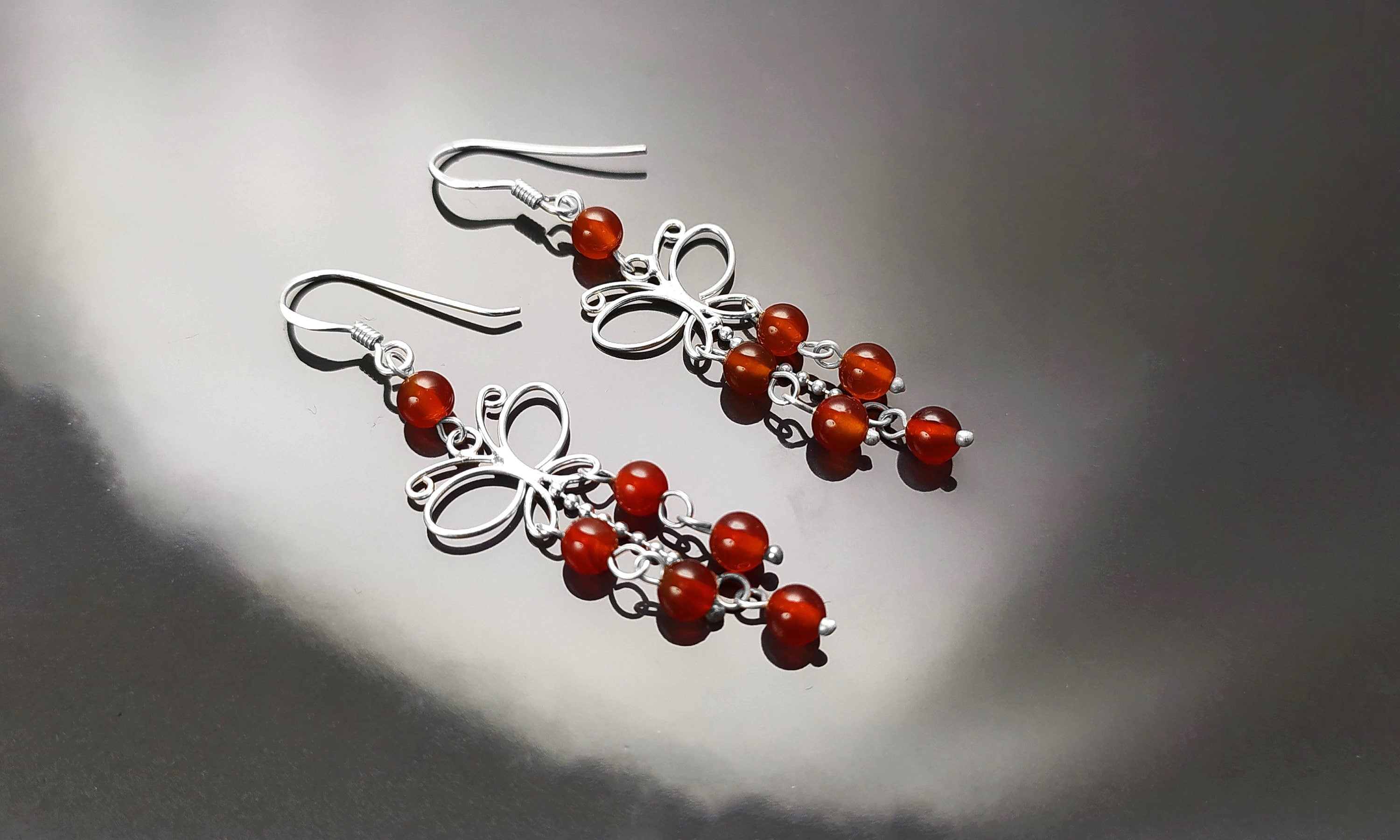 Red Carnelian Earrings, Sterling Silver, Pending Butterfly Dangle Stone Earrings, Carnelian Gemstone, Nature Hooks Earrings, Woman Jewelry