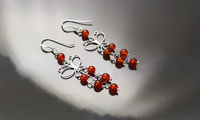 Red Carnelian Earrings, Sterling Silver, Pending Butterfly Dangle Stone Earrings, Carnelian Gemstone, Nature Hooks Earrings, Woman Jewelry