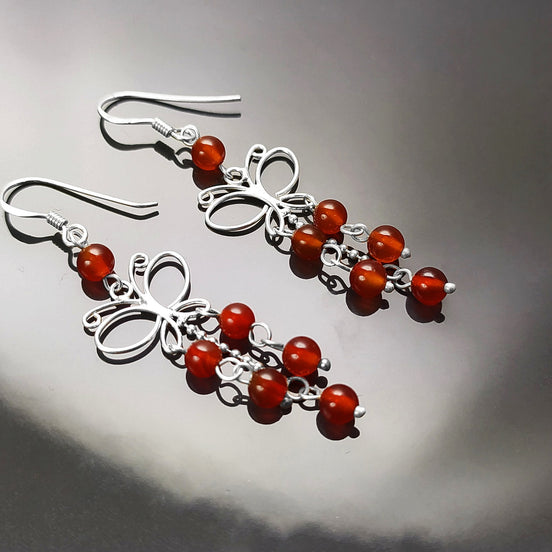 Red Carnelian Earrings, Sterling Silver, Pending Butterfly Dangle Stone Earrings, Carnelian Gemstone, Nature Hooks Earrings, Woman Jewelry