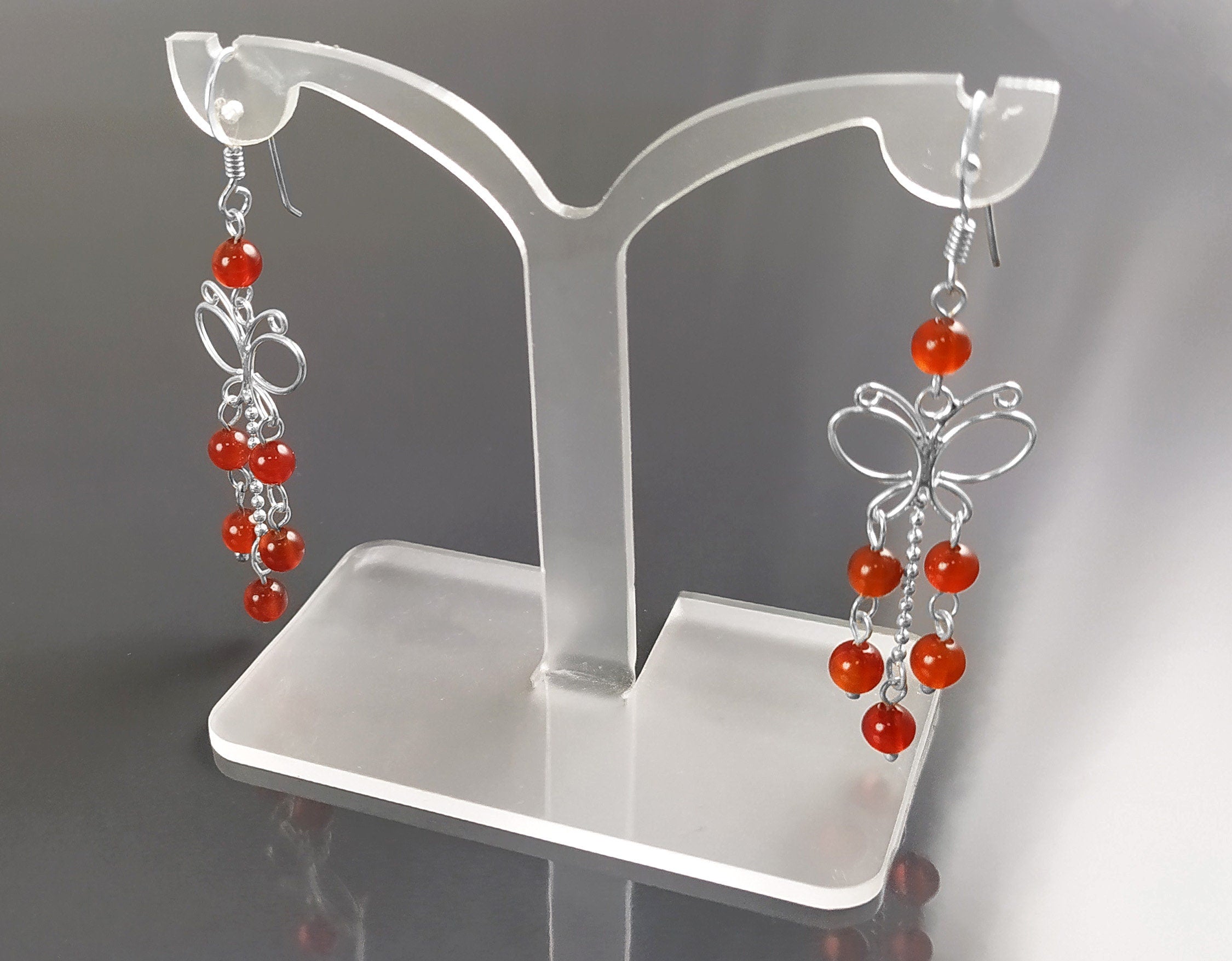 Red Carnelian Earrings, Sterling Silver, Pending Butterfly Dangle Stone Earrings, Carnelian Gemstone, Nature Hooks Earrings, Woman Jewelry