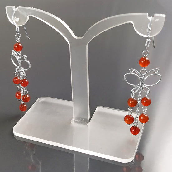 Red Carnelian Earrings, Sterling Silver, Pending Butterfly Dangle Stone Earrings, Carnelian Gemstone, Nature Hooks Earrings, Woman Jewelry