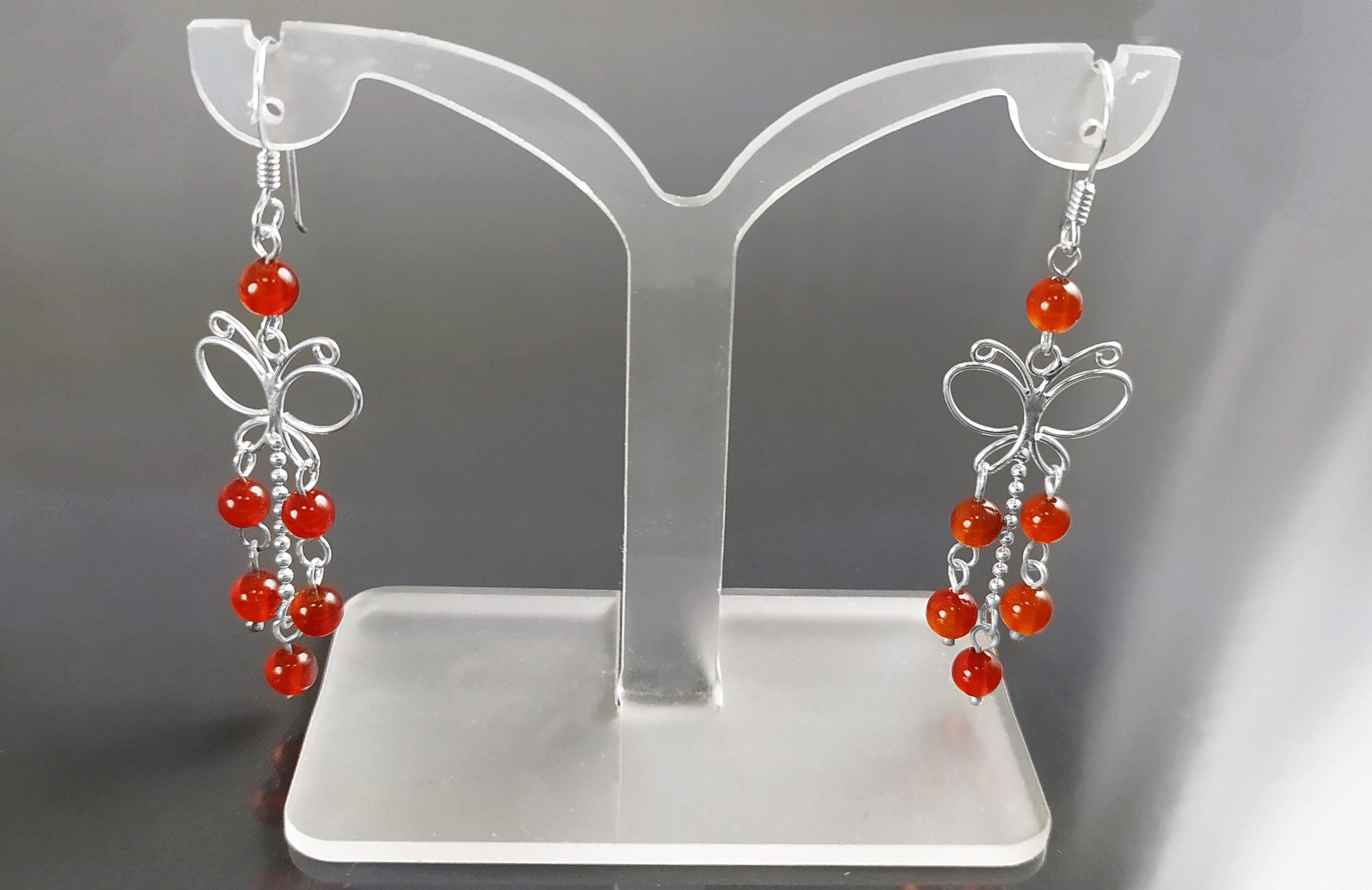 Red Carnelian Earrings, Sterling Silver, Pending Butterfly Dangle Stone Earrings, Carnelian Gemstone, Nature Hooks Earrings, Woman Jewelry